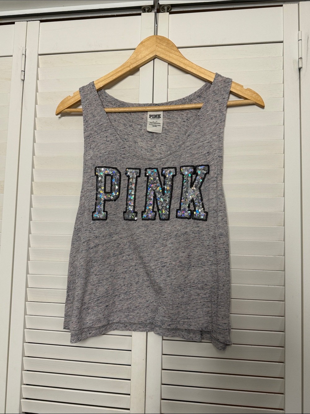 PINK Victoria's Secret Gray Sequin Lettering Tank